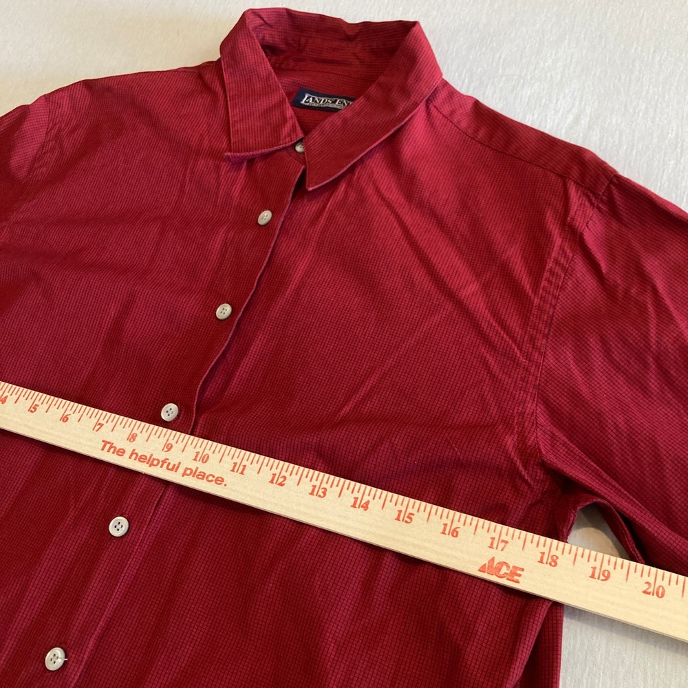 Vintage Lands End Shirt Womens 12 Red Micro Check Cotton Button Down L/S 90s - Picture 5 of 13